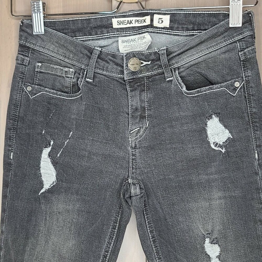 Sneak Peek Jeans Womens Size 5 Faded Black Whisker Wash Skinny Distressed Casual - Picture 3 of 12